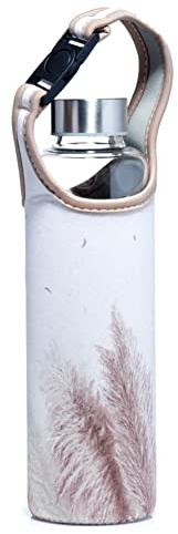 Bouteille d'eau en Verre (Gourde) 500ml avec Manchon à Sangle de Transport - Fleurs Pampas