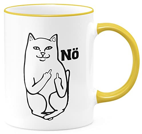 FunTasstic Tasse Nö - lustige Katze mit Stinkefinger Kaffeebecher beidseitig bedruckt spülmaschinenfest Tasse für das Büro Tee, Kaffee Geschenkidee, Farbe:gelb, Größe:330 ml
