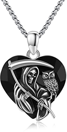 Reaper Halskette 925 Sterling Silber Sensenmann Kette Eule und Santa Muerte kette mit Schwarze Kristallen Halskette Halloween Totenkopf Schmuck Sensenmann Geschenk für Damen Männer 22 + 2 inch