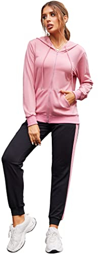 Parabler Damen Traingsanzug Jogginganzug Frauen 2 Teilig Freizeitanzug Bean Paste Kapuzenpullover Lang Ärmel Zipper Top Lang Hose Sportswear 2 Stück Bekleidungsset Sport L