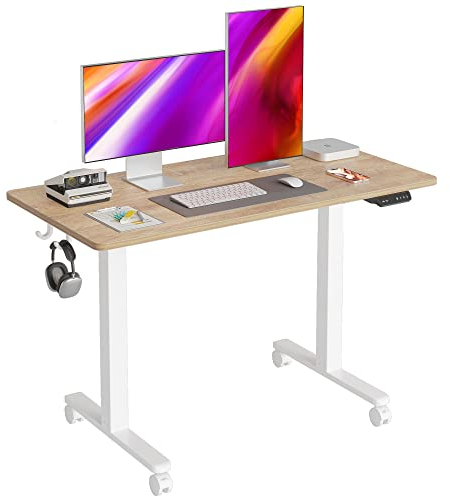 Cubiker 100 x 60 cm Schreibtisch Höhenverstellbar Elektrisch, Stehpult T-Beine aus Stahl mit 3-Funktions-Memory-Steuerung, Anti-kollisions System, Rollen, Gefleckte Eichenholzfurnier