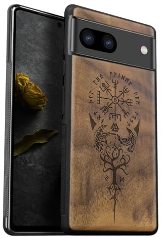 Carveit Funda de Compatible con Google Pixel 8 Carcasa [Madera y Silicona Híbrido Funda] Absorción de Impacto para Pixel 8 Funda estético Case (Nogal-Brújula Vikinga)