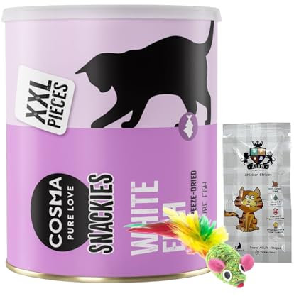 AETN Creations Cat Treat Bundle with Cosma Freeze Dried Snacks White Fish Flavour 110g with AETN Chicken Treat and Toy Mouse, Grain-Free, for Adult Cats