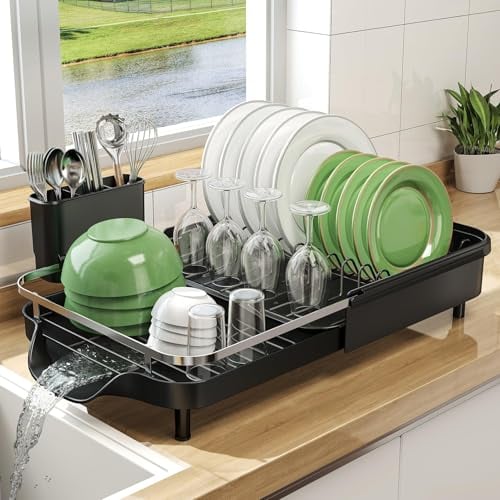 SAYZH Escurreplatos, Escurridor de Platos Extensible de Gran Capacidad, Escurreplatos Multifuncional con Portautensilios Grande, Escurridor Ollas y Sartenes, Negro