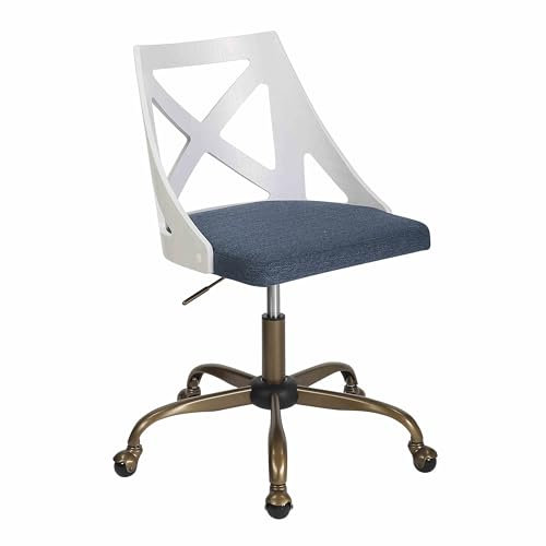 CVNIMV Rustikaler Schreibtischstuhl im Landhausstil für das Homeoffice mit antikem Kupfermetall, weißem Holz und blauem Stoff – höhenverstellbar, drehbar, stilvolles Design – ergonomische