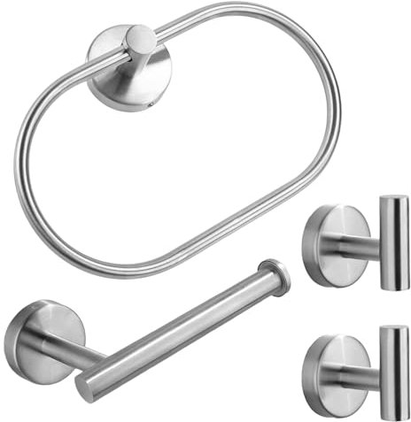 4 PCS Bathroom Hardware Set - Brushed SUS304 Wall Mounted 1x Hand Towel Ring, 1x Toilet Paper Holder,2x Towel Hooks 012-0410