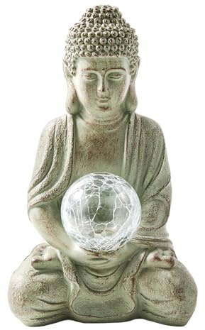 Lightware Solar Buddha Garden Light - 32cm Outdoor Statue with Warm White LED Glow - Weatherproof Garden Ornament for Patio, Decking & Balcony - Solar Powered Decorative Buddha Statue - Grey, 32cm