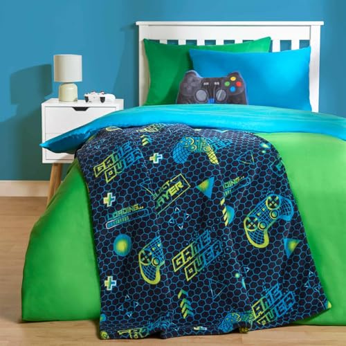 OHS Kids Throw Blanket, Ultra Soft Warm Lightweight Blue & Green Gaming Print Throws Fleece For Sofa Beds Throw Sherpa Reverse Blanket Fleece For Boys & Girls, 120x100cm