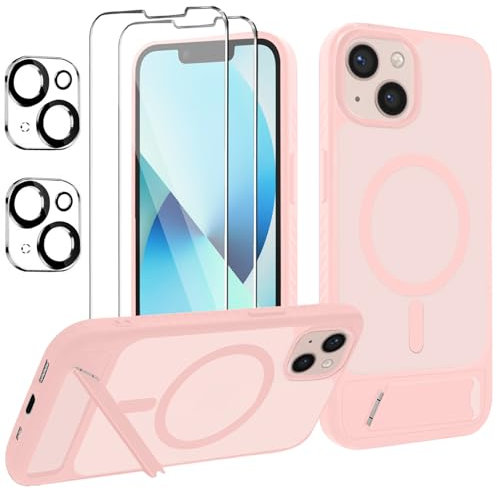 jrester Cover Magnetica per iPhone 13 con Supporto Integrato -con 2 vetri temperati e 2 vetri per fotocamera, Translucent Slim Back PC+TPU Bumper Shockproof- Rosa Opaca