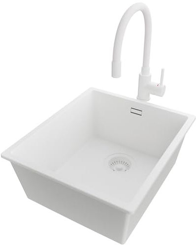 PRIMAGRAN Unterbauspüle ab 45er Unterschrank + Küchenarmatur, 41x47cm | Set: Küchenarmatur BW6020 + Ablauf-Set (Siphon, Ablaufgarnitur, Überlauf) + Spülbecken 1 Becken - London, Alles Weiß