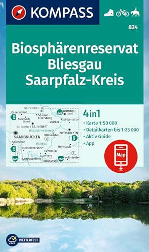 KOMPASS Wanderkarte 824 Biosphärenreservat Bliesgau & Saarpfalz-Kreis 1:25.000: mit markierten Wanderwegen, Hütten, Radrouten
