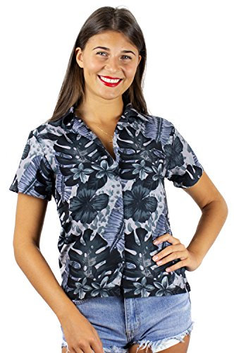 King Kameha Funky Hawaii-Bluse-Hemd, Damen, Kurzarm, Green-Leaves-Purple-Flower, Mono-Schwarz, XS