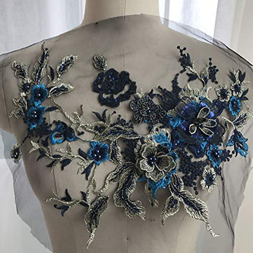 QLING 3D Stickerei Perlen Spitze Applikation Blumen Strass Tüll Besatz Besetzter Stoff für DIY Ausschnitt Hochzeit Brautkleid Kleidung Stickerei Dekoration, nicht null, saphirblau, Free Size
