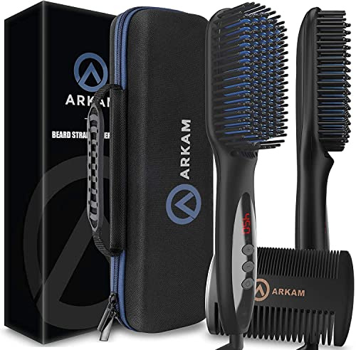 Arkam Beard Straightener for Men -Premium Heated Beard Brush Kit w/Anti-Scald Feature, Dual Action Hair Comb and Hard Shell Travel Case for Medium to Long Beards - Costume and Grooming Gifts for Men