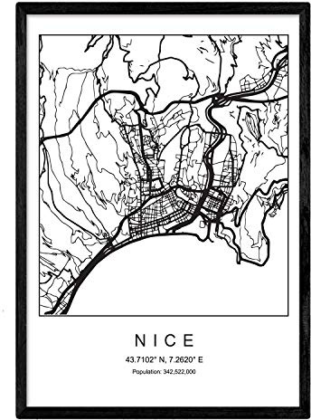 Carte de la ville de la ville Nice Style nordique en noir et blanc. Affiche A3 Taille encadrée avec du papier noir imprimé 250 gr. Photos, draps et affiches pour salon et chambre à coucher