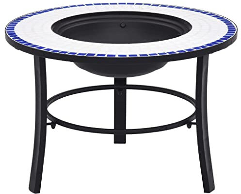 vidaXL Mosaik Feuerstelle mit Dreibeinständer Terrassenofen Feuerschale Grill Gartenfeuer Feuerkorb Terrassenfeuer Blau Weiß 68cm Keramik