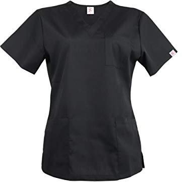 JONATHAN UNIFORM Kasacks Damen Pflege 3 Taschen Arzt Kittel, Kurzarm Medizinische Berufsbekleidung Altenpflege Tunika OP Kittel (Schwarz, L)