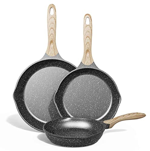 JEETEE Induzione Set Padelle Antiaderente 3 Pezzi 20,24,28cm, Granito-Antiaderente Rivestimento, Ghisa di Alluminio, Maniglia in bachelite, Compatibile Tutti Fornelli y Induzione, Senza PFOA, Grigio