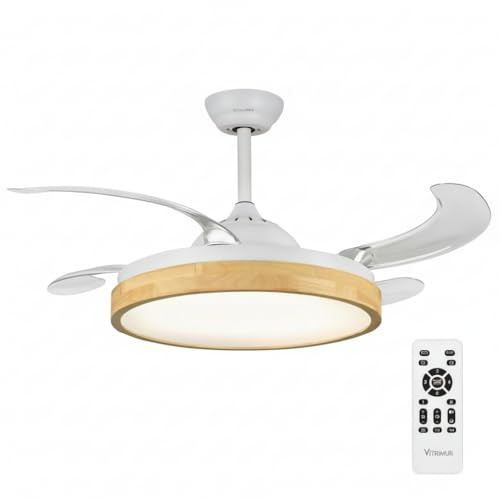 UNIVERSALBLUE VITRIMUR | Ventilador de Techo con Aspas Retráctiles | 6 Velocidades |Luz LED| Motor DC | Silencioso | Modo Invierno | Temporizador | Mando Incluido | Facil De Montar (Blanco y Madera)