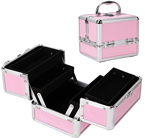 Holdfiturn Makeup Box 4 Fold Trays Aluminium with Compartment Large Capacity Vanity Cosmetic Organizer Nail Box for Jewelry Cosmetics Accessories Jewellery Nail Polish Lockable with Keys (Pink)