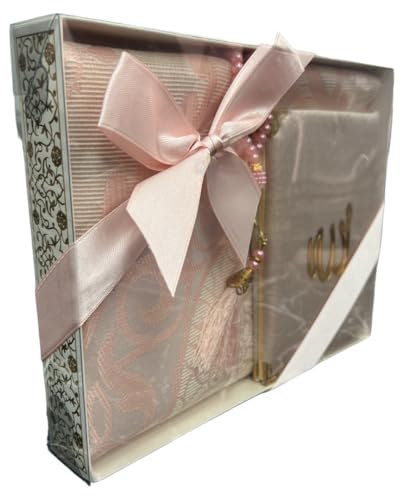 Ilm Verlag Geschenkbox Set mit Gebetsteppich, Tesbih und Surenbuch - Muslimischer Namaz-LIK Seccade, Gebets-Matte, Salah, Sejadah,(Rosa)