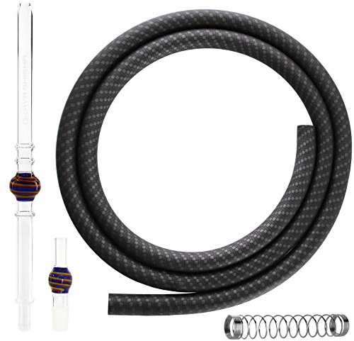 Kaya Shisha Schlauch Set Lolly [4-teilig] mit Glas-Mundstück, Silikonschlauch [150cm] Knickschutz und Schlauchadapter (Blau/Rot/Gelb Carbon)