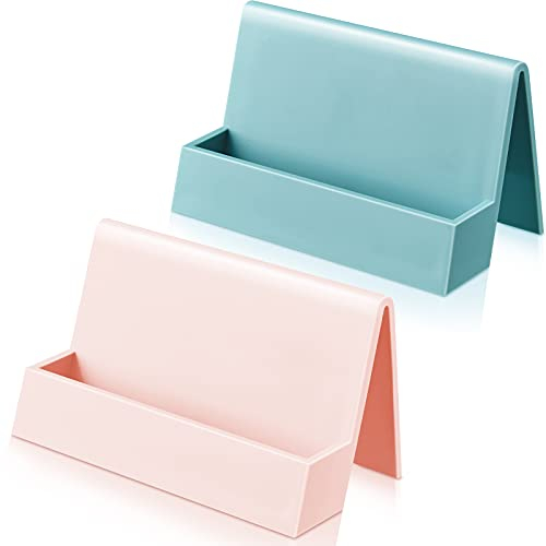 2 Stücke Visitenkarten Halter für Schreibtisch Modernes Kunststoff Visitenkarten Etui Display Stand Tisch Visitenkarten Regal für Frauen und Männer (Rosa, Hellblau)