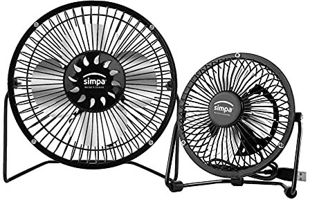 Single Speed Black Portable USB Desk Fans - 4 & 6 Duo Set - Tilt Adjustable Head, Quiet 2.5W Operation with 1.2m Cord Length - Suitable for Home or Office Use.
