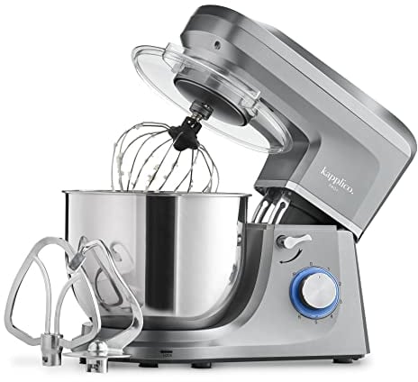 Kapplico 1800W Stand Mixer with Large 7L Stainless Steel Bowl and 3 Attachments - Whisk, Beater and Dough Hook, Splash Guard, 6 Speeds, Non Slip Feet, Grey