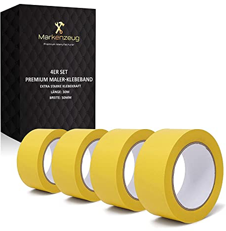 MARKENZEUG PVC Tape I Maler-Klebeband I Malerkrepp mit hoher Klebekraft I Gewebeklebeband für alle Oberflächen I Innen- & Außenarbeiten I UV-Beständigkeit I 4 Rollen gelb I 50mm Breite I 120m lang