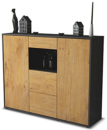 Stil.Zeit Highboard Kommode Rachelle, Korpus anthrazit matt, Front Holz-Design Eiche (136x108x35cm), Push-to-Open Technik & Leichtlaufschienen