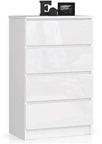 AKORD Kommode K60 60 cm | 4 Schubladen | Schrank | für das Wohnzimmer | für das Schlafzimmer | B60 x H99 x T40 cm | Gewicht 29,80 kg | Weiß/Weiß Hochglanz