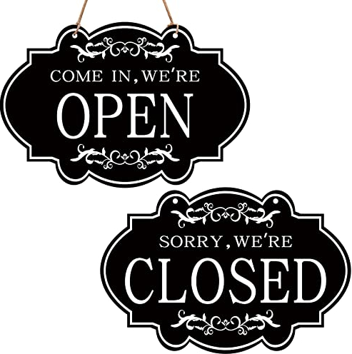 AIEX Cartel Abierto Cerrado, Doble Cara Reversible Entra Estamos Abiertos y Lo sentimos Cerrados Panel Colgante Tienda para Restaurante Club Café Hotel (30 x 20 cm)