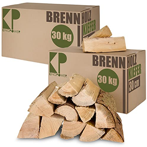 Kiefer Brennholz Kaminholz 30, 60 oder 90 kg Holz Für Ofen und Kamin Kaminofen Feuerschale Grill Feuerholz 30 cm Wood Holzscheite Kammergetrocknet Kingpower, Menge:60 kg