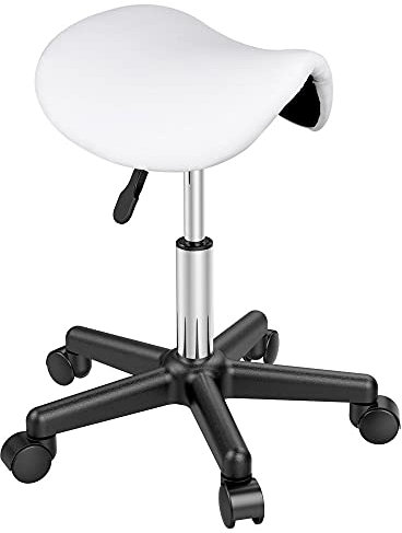 Yaheetech Saddle Stool Adjustable Rolling Salon Chair Swivel Rolling Wheels & Ergonomic for Hairdressing Massage Tattoo Spa Saddle White