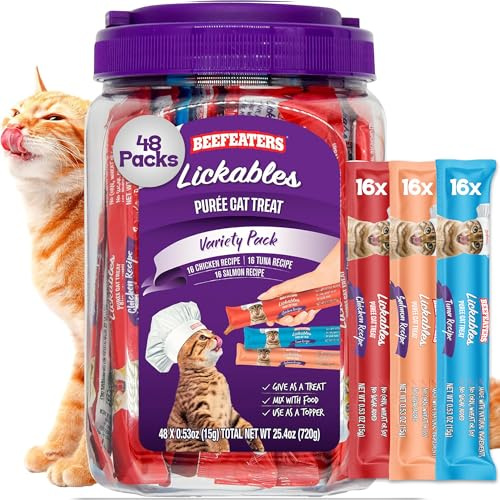 Beefeaters Lickable Cat Treats 48 Count – Puree Squeeze Up Tubes Variety Pack (Salmon, Tuna & Chicken) | Grain Free, Taurine Enriched, High Moisture for Picky Eaters | Cat Treat Topper or Snack