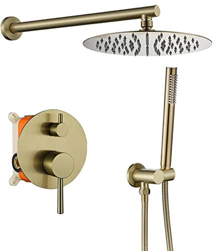 XJTNLB Grifo Ducha Empotrado Dorado Cepillado, Columna Ducha Monomando con Rociador Ducha Efecto Lluvia 2 Función