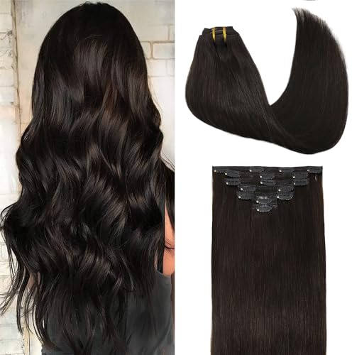 GOO GOO Clip in Extensions Echthaar, Echthaar Extensions Clip, 35cm 120g 7pcs, Extensions Echthaar, Haarverlängerung Echthaar, 2 Dunkelbraun