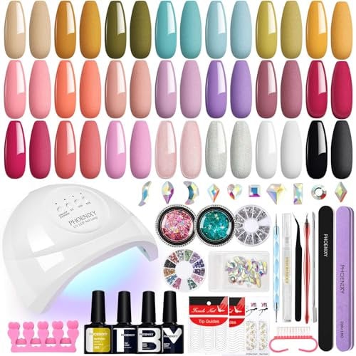Gel Nail Polish Set, Phoenixy 42 Effect Gel Nail Kit with 48W Lamp Complete Set 8ml 21 Colours Nail Polishes Full Set Professional Salon Manicure Kit Gift Set for Women