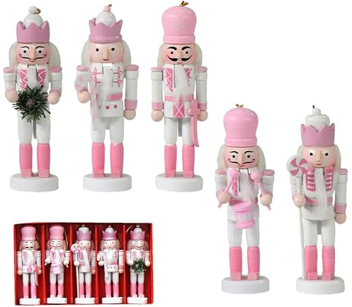 5pcs Wooden Nutcracker Ornaments, 12cm Mini Pink Puppet, Painted Hanging Pine Wood Christmas Soldier Doll Pendant for Classic Traditional Tree Party Decoration
