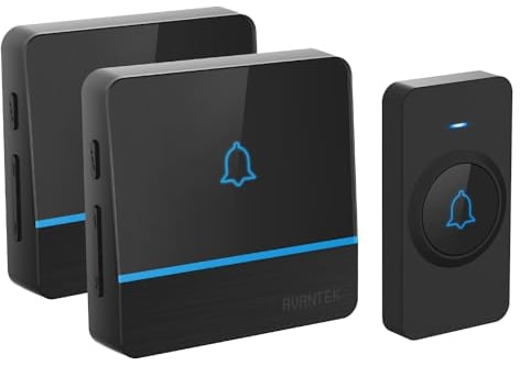 AVANTEK Sonnette sans Fil Exterieur Etanche IP55, Carillon 300M avec 2 Récepteur Sonnette Electronique, 56 mélodies 5 Niveaux Volumes, Son de qualité CD et LED Bleu pour Maison, Bureau, Hôtel, etc
