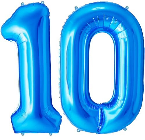 FUNFEST 100 cm blaue Luftballons zum 10. Geburtstag – Geburtstagsballon-Dekoration – inklusive XL-Ballon zum 10. Geburtstag und Strohhalm – Fliegen mit Helium