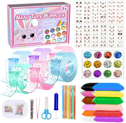 Lphianx Nano Tape Bubbles Kits für Kinder, 40+Pcs Nano Tape Craft Kit w/Slime, Ton, 300+ Füllungen, DIY Kunststoff Blasen Ballon, 20+ Projekte, elastische Party Favors Geschenke