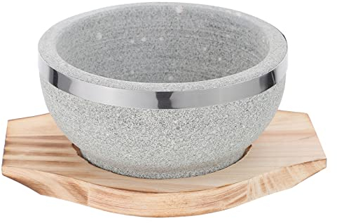 Ciieeo Cuenco Coreano De Piedra Con Base De Madera Para Bibimbap, Bol Bibimbap De Piedra Ideal Para Cocina Coreana Y Comidas Caseras, 14 Cm