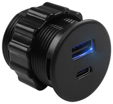QIANRENON 2 Port USB C & USB Threaded Fixed Fast Charging Adapter 15W USB C + USB A Embedded Mount Round Connector Socket 5V/3.1A,LED light, Mount on Furniture Desktop, Black (only for USB Charge)