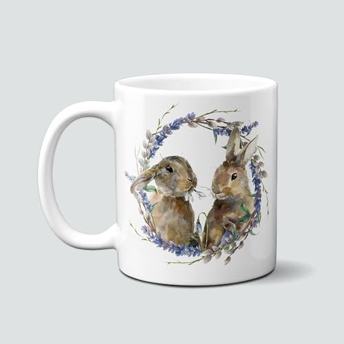 Graffdesign - Tasse - Kaffeebecher - Coffee - Kaffee - Ostern - Easter - Zwei Häschen im Blumenkranz - G-OT-01