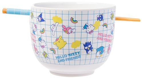 Silver Buffalo Hello Kitty and Friends Kuromi, Keroppi, Chococat, My Melody, Tuxedo Sam, Badtz-Maru, Tuxedo Sam, Pompompurin, Cinnamoroll Ceramic Ramen Noodle Rice Bowl with Chopsticks, 20 Ounces