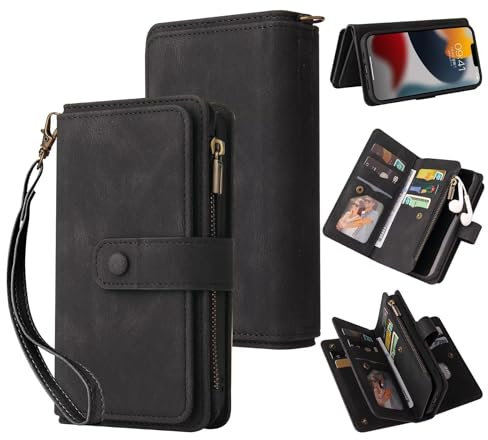 Belzsxy Handyhülle für OnePlus 9 Pro Hülle,Flip Case Lederhülle Reißverschluss Magnetverschluss Brieftasche mit 15 Kartenfächern Standfuntion Retro Ledertasche-Schwarz