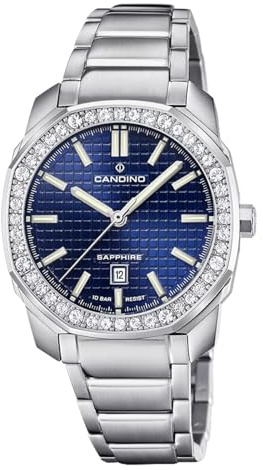 Candino Swiss Damenuhr Analog aus Edelstahl 316l Silberfarben | Quarzwerk, Widerstandsfähiges Saphirglas, Wasserdicht 5 ATM, Kalender C4756/4, Icon, Blaues Zifferblatt