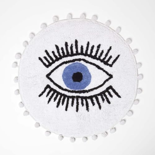 Homescapes Eye See You - Runde Badematte 60 cm weiß, Badvorleger Auge, Badteppich getuftet mit Bommeln